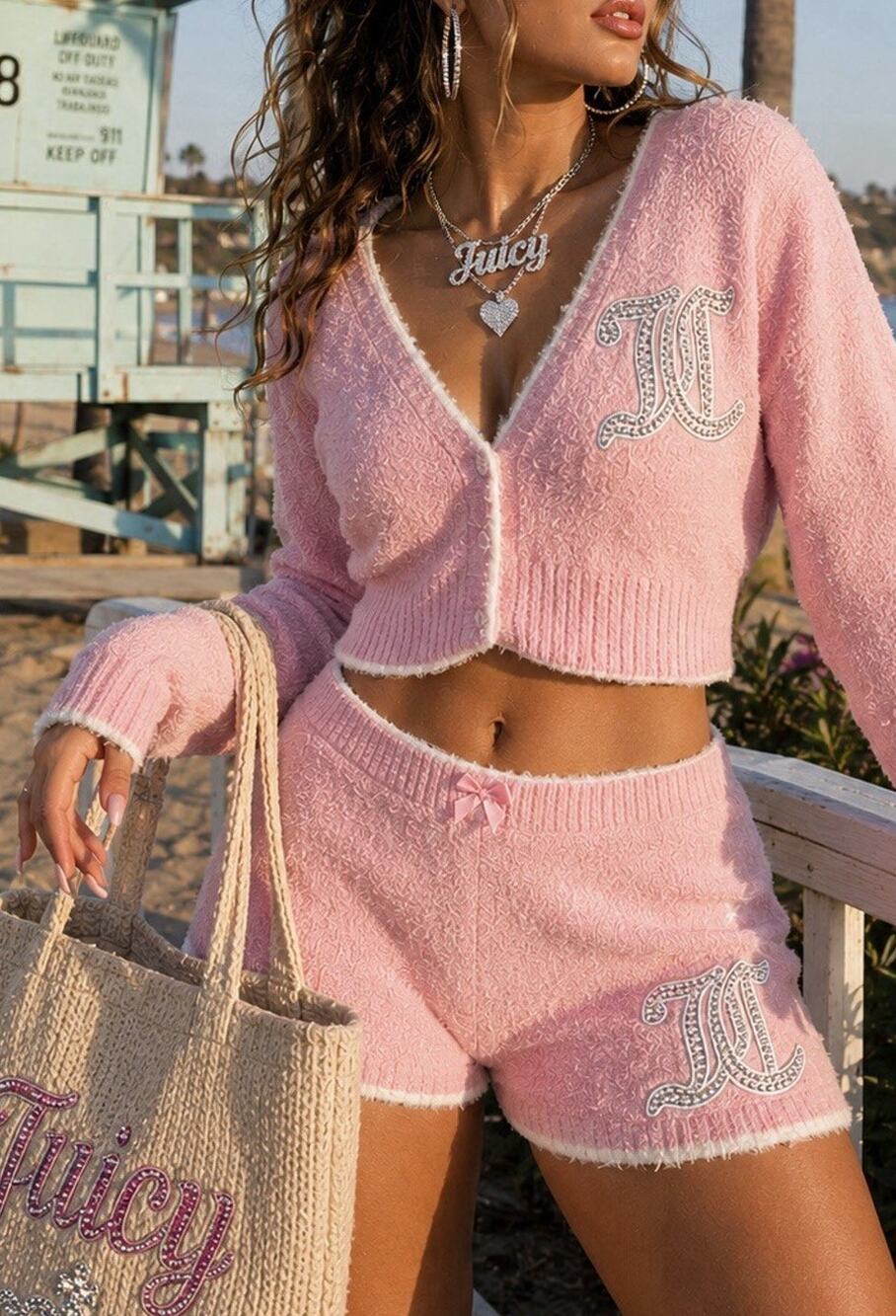 Juicy Couture Cropped Top Short Set Sz M Pink Velour Rhinestone Logo 2pc New NWT